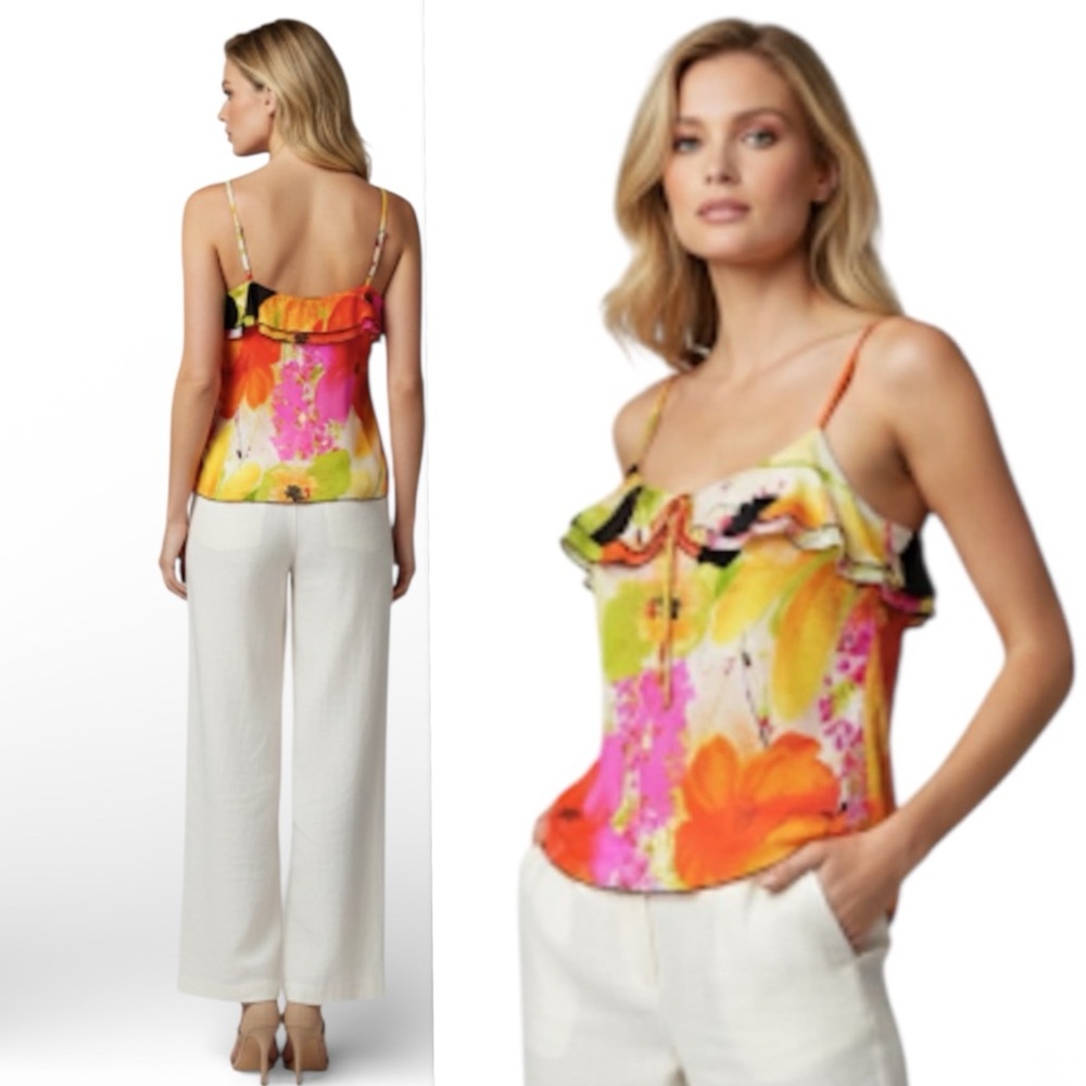 NWT TRINA TURK Silk Blend Ruffled Watercolor Floral Print Tank Top Size L LP